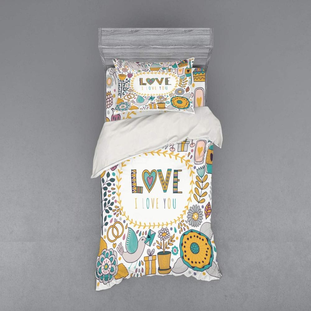 imageAmbesonne Valentines Bedding Set I Love You Message Boho Doodle Flowers Birds Cupcakes Champagne Birthday 4 Piece Duvet Cover Set with Shams and Fitted Sheet California King Pale Coffee TealPale Coffee Teal