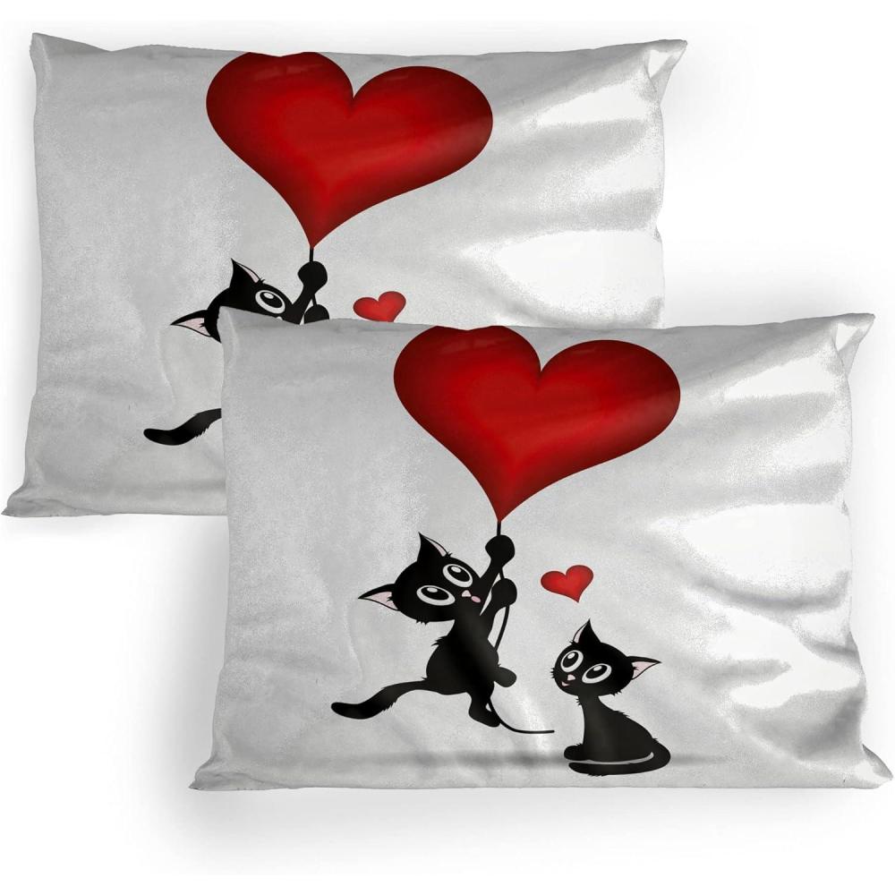 imageAmbesonne Valentines Day Pillow Sham Set of 2 Cat Holding Heart Shaped Baloons Romantic Love Themed Illustration Quality Microfiber Bedding Item for All Seasons 26 x 20 Vermilion BlackVermilion Black