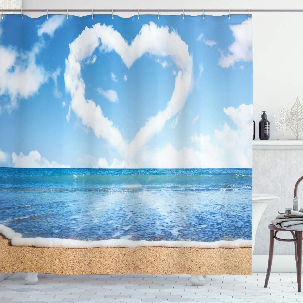 imageAmbesonne Valentines Day Shower Curtain Clouds in Clear Blue Sky Forming a Heart Shape Romantic Beach Cloth Fabric Bathroom Decor Set with Hooks 69 W x 84 L Blue White Sand Brown