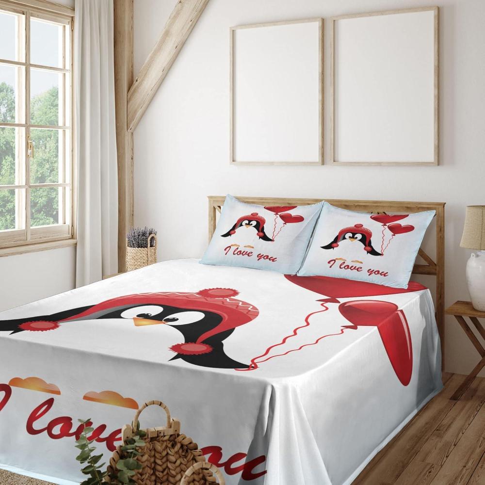 imageAmbesonne Valentines Sheet Set Happy Birthday Balloons I Love You Lettering Funny Penguin Image Fitted and Flat Sheet with Pillowcases Bedding Accent 4 Piece Set Queen Pale Blue Black Red