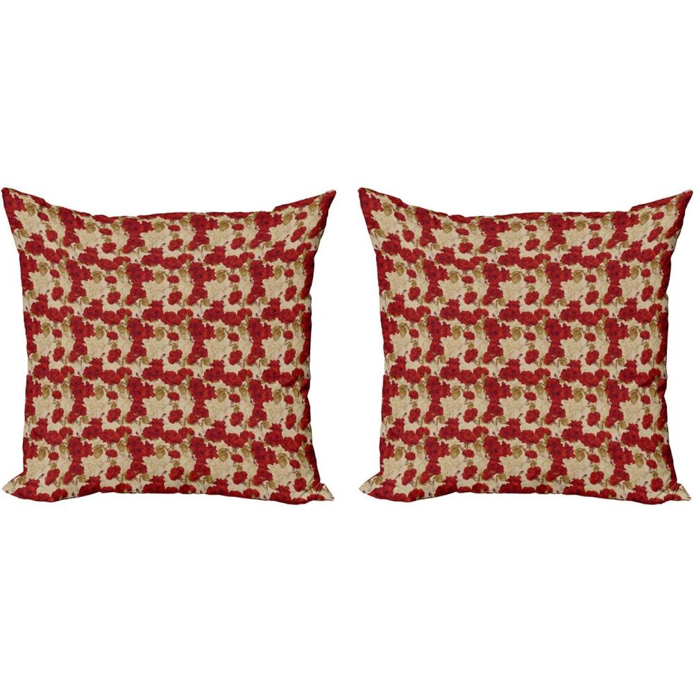 imageAmbesonne Vintage Decorative Throw Pillow Case Pack of 2 Romantic Red Rose Blooms with Sketches Classical Valentines Day Inspired Couch Bedroom Living Room Cushion Cover 20 Red Khaki Sand Brown16 x 16 Pack of 2