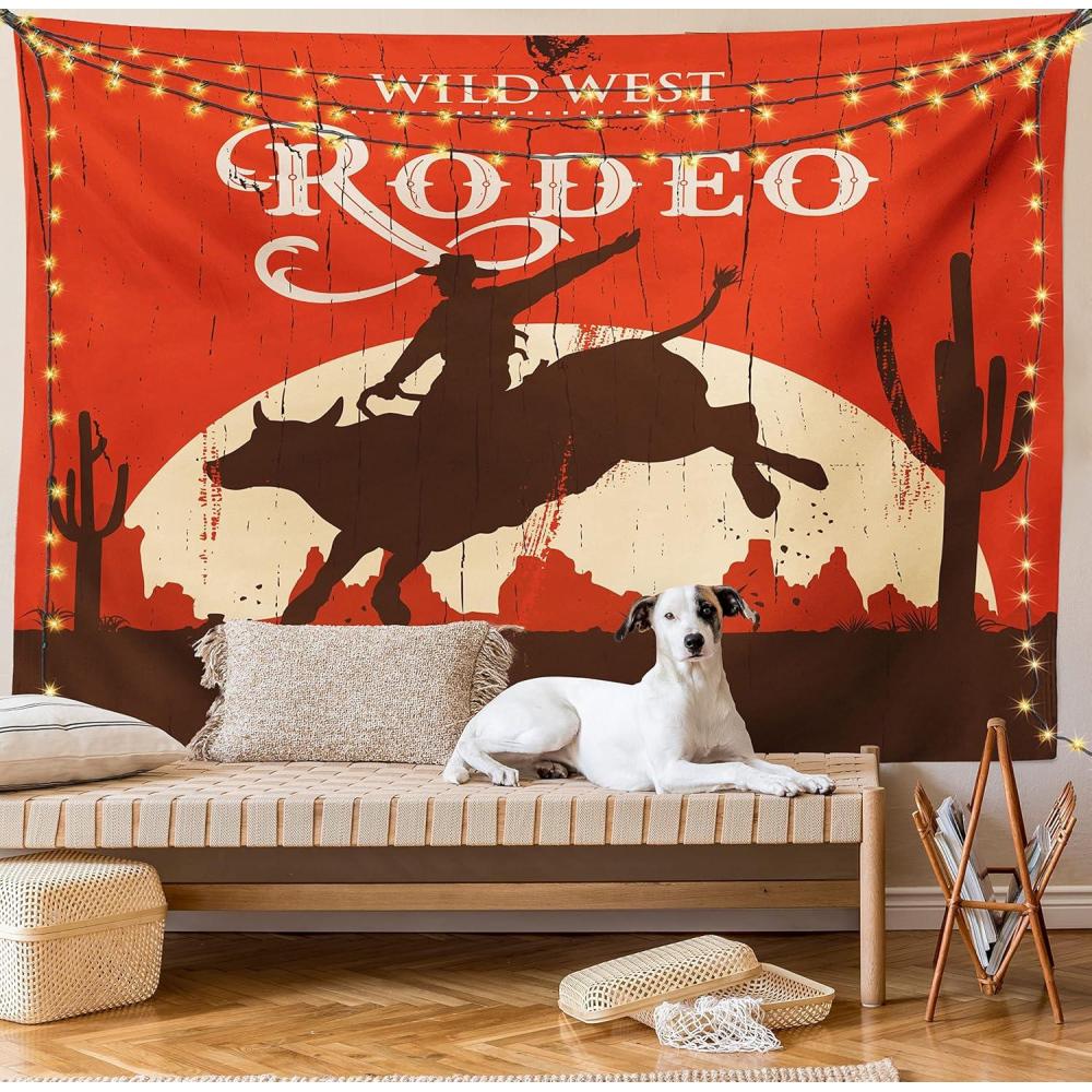 imageAmbesonne Vintage Tapestry Rodeo Cowboy Riding Bull Wooden Old Sign Western Style Wilderness at Sunset Image Wide Wall Hanging for Bedroom Living Room Dorm 60 X 40 Orange Brown