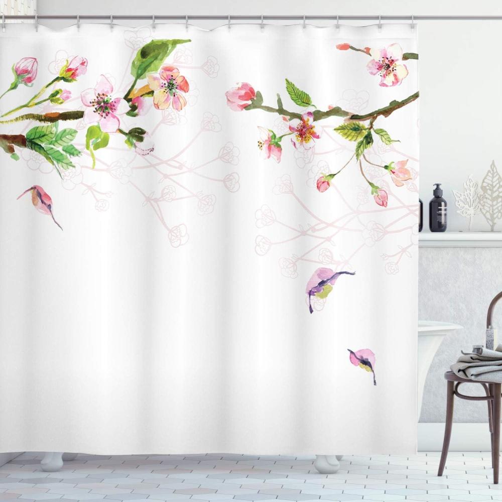 imageAmbesonne Watercolor Shower Curtain Apple Tree Blooming in Spring Season Branches Falling Leaves Romantic Cloth Fabric Bathroom Decor Set with Hooks 69 W x 70 L Pale Pink Green