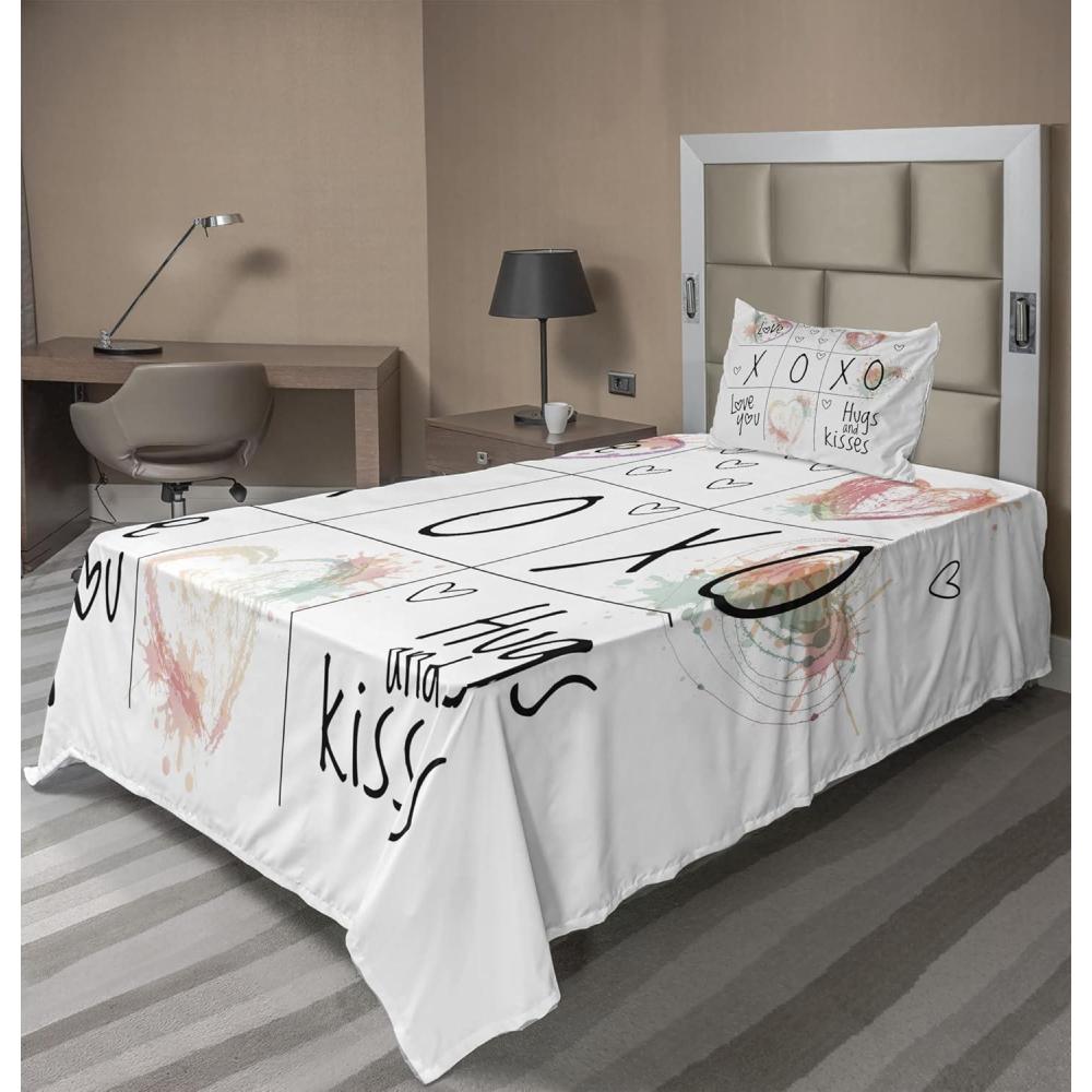 imageAmbesonne Xo Sheet Set Love You Hugs Kisses Watercolor Splashes Heart Valentines Art Fitted and Flat Sheet with Pillowcase Bedding Accent 3 Piece Set Twin XL Mint Green White