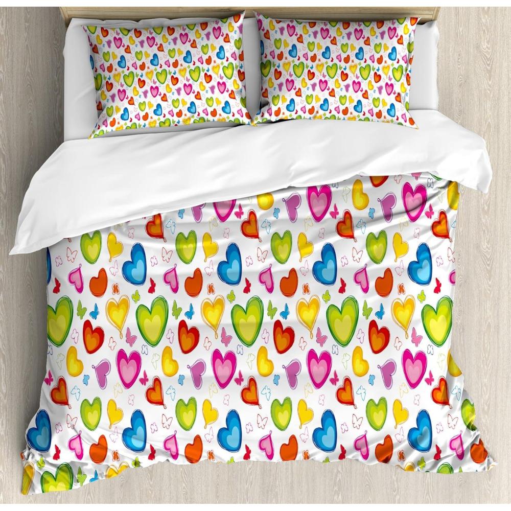 imageLove Duvet Cover Set Colorful Hearts and Butterflies Silhouettes Doodle Style Happy Valentines Day Pattern Decorative 3 Piece Bedding Set with 2 Pillow Shams Queen Size Lime Green Multicolor