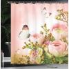Ambesonne Butterfly Shower Curtain, Pastel Colored Blossoming Roses with Spring Season Insects Romantic Feminine, Cloth Fabric Bathroom Decor Set with Hooks, 69″ W x 75″ L, Rose Fern Green