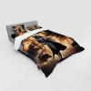 Ambesonne Cat Bedding Set, Romantic Date Night of Kitties Drinking Milkshake Cozy Night Scene Valentines, 4 Piece Duvet Cover Set with Shams and Fitted Sheet, Queen Size, Dark Blue Apricot(Pale Orange and Dark Grey)