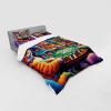 Ambesonne Cat Bedding Set, Romantic Date Night of Kitties Drinking Milkshake Cozy Night Scene Valentines, 4 Piece Duvet Cover Set with Shams and Fitted Sheet, Queen Size, Dark Blue Apricot(Magenta Orange and Purple)