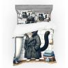 Ambesonne Cat Bedding Set, Romantic Date Night of Kitties Drinking Milkshake Cozy Night Scene Valentines, 4 Piece Duvet Cover Set with Shams and Fitted Sheet, Queen Size, Dark Blue Apricot(Charcoal Grey White)