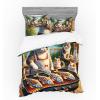Ambesonne Cat Bedding Set, Romantic Date Night of Kitties Drinking Milkshake Cozy Night Scene Valentines, 4 Piece Duvet Cover Set with Shams and Fitted Sheet, Queen Size, Dark Blue Apricot(Green Orange)