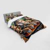 Ambesonne Cat Bedding Set, Romantic Date Night of Kitties Drinking Milkshake Cozy Night Scene Valentines, 4 Piece Duvet Cover Set with Shams and Fitted Sheet, Queen Size, Dark Blue Apricot(Green Orange)