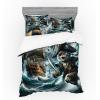 Ambesonne Cat Bedding Set, Romantic Date Night of Kitties Drinking Milkshake Cozy Night Scene Valentines, 4 Piece Duvet Cover Set with Shams and Fitted Sheet, Queen Size, Dark Blue Apricot(Dark Slate Blue and Amber)