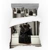 Ambesonne Cat Bedding Set, Romantic Date Night of Kitties Drinking Milkshake Cozy Night Scene Valentines, 4 Piece Duvet Cover Set with Shams and Fitted Sheet, Queen Size, Dark Blue Apricot(Grey and Charcoal Grey)