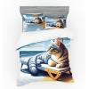 Ambesonne Cat Bedding Set, Romantic Date Night of Kitties Drinking Milkshake Cozy Night Scene Valentines, 4 Piece Duvet Cover Set with Shams and Fitted Sheet, Queen Size, Dark Blue Apricot(Blue Pale Mustard)