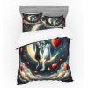 Ambesonne Cat Bedding Set, Romantic Date Night of Kitties Drinking Milkshake Cozy Night Scene Valentines, 4 Piece Duvet Cover Set with Shams and Fitted Sheet, Queen Size, Dark Blue Apricot(Dark Night Blue Vermilion)