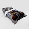 Ambesonne Cat Bedding Set, Romantic Date Night of Kitties Drinking Milkshake Cozy Night Scene Valentines, 4 Piece Duvet Cover Set with Shams and Fitted Sheet, Queen Size, Dark Blue Apricot(Umber and Pale Blue Grey)