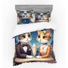 Ambesonne Cat Bedding Set, Romantic Date Night of Kitties Drinking Milkshake Cozy Night Scene Valentines, 4 Piece Duvet Cover Set with Shams and Fitted Sheet, Queen Size, Dark Blue Apricot(Dark Blue Apricot)