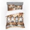 Ambesonne Cat Bedding Set, Romantic Date Night of Kitties Drinking Milkshake Cozy Night Scene Valentines, 4 Piece Duvet Cover Set with Shams and Fitted Sheet, Queen Size, Dark Blue Apricot(Pastel Brown and Pale Grey)