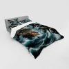 Ambesonne Cat Bedding Set, Romantic Date Night of Kitties Drinking Milkshake Cozy Night Scene Valentines, 4 Piece Duvet Cover Set with Shams and Fitted Sheet, Queen Size, Dark Blue Apricot(Dark Slate Blue and Amber)