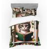 Ambesonne Cat Bedding Set, Romantic Date Night of Kitties Drinking Milkshake Cozy Night Scene Valentines, 4 Piece Duvet Cover Set with Shams and Fitted Sheet, Queen Size, Dark Blue Apricot(Green Paprika Beige)