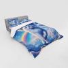 Ambesonne Cat Bedding Set, Romantic Date Night of Kitties Drinking Milkshake Cozy Night Scene Valentines, 4 Piece Duvet Cover Set with Shams and Fitted Sheet, Queen Size, Dark Blue Apricot(Azure Blue Pale Pink)