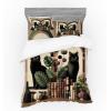 Ambesonne Cat Bedding Set, Romantic Date Night of Kitties Drinking Milkshake Cozy Night Scene Valentines, 4 Piece Duvet Cover Set with Shams and Fitted Sheet, Queen Size, Dark Blue Apricot(Sand Brown Maroon Green)