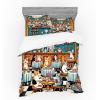 Ambesonne Cat Bedding Set, Romantic Date Night of Kitties Drinking Milkshake Cozy Night Scene Valentines, 4 Piece Duvet Cover Set with Shams and Fitted Sheet, Queen Size, Dark Blue Apricot(Sea Blue and Marigold)