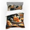 Ambesonne Cat Bedding Set, Romantic Date Night of Kitties Drinking Milkshake Cozy Night Scene Valentines, 4 Piece Duvet Cover Set with Shams and Fitted Sheet, Queen Size, Dark Blue Apricot(Marigold and Charcoal Grey)