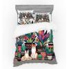 Ambesonne Cat Bedding Set, Romantic Date Night of Kitties Drinking Milkshake Cozy Night Scene Valentines, 4 Piece Duvet Cover Set with Shams and Fitted Sheet, Queen Size, Dark Blue Apricot(Teal Pink and Purple)