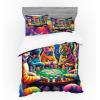 Ambesonne Cat Bedding Set, Romantic Date Night of Kitties Drinking Milkshake Cozy Night Scene Valentines, 4 Piece Duvet Cover Set with Shams and Fitted Sheet, Queen Size, Dark Blue Apricot(Magenta Orange and Purple)