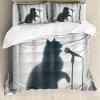 Ambesonne Cat Duvet Cover Set, Romantic Date Night of Kitties Drinking Milkshake Cozy Night Scene Valentines, Decorative 3 Piece Bedding Set with 2 Pillow Shams, California King, Dark Blue Apricot(Dark Blue Grey Off White)