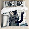 Ambesonne Cat Duvet Cover Set, Romantic Date Night of Kitties Drinking Milkshake Cozy Night Scene Valentines, Decorative 3 Piece Bedding Set with 2 Pillow Shams, California King, Dark Blue Apricot(Charcoal Grey White)