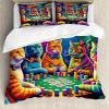 Ambesonne Cat Duvet Cover Set, Romantic Date Night of Kitties Drinking Milkshake Cozy Night Scene Valentines, Decorative 3 Piece Bedding Set with 2 Pillow Shams, California King, Dark Blue Apricot(Magenta Orange and Purple)