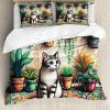 Ambesonne Cat Duvet Cover Set, Romantic Date Night of Kitties Drinking Milkshake Cozy Night Scene Valentines, Decorative 3 Piece Bedding Set with 2 Pillow Shams, California King, Dark Blue Apricot(Jade Green Grey Orange)