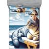 Ambesonne Cat Fitted Sheet & Pillow Sham Set, Romantic Date Night of Kitties Drinking Milkshake Cozy Night Scene Valentines, Decorative Printed 3 Piece Bedding Decor Set, Queen, Dark Blue Apricot(Blue Pale Mustard)