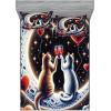 Ambesonne Cat Fitted Sheet & Pillow Sham Set, Romantic Date Night of Kitties Drinking Milkshake Cozy Night Scene Valentines, Decorative Printed 3 Piece Bedding Decor Set, Queen, Dark Blue Apricot(Indigo and Scarlet)