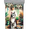 Ambesonne Cat Fitted Sheet & Pillow Sham Set, Romantic Date Night of Kitties Drinking Milkshake Cozy Night Scene Valentines, Decorative Printed 3 Piece Bedding Decor Set, Queen, Dark Blue Apricot(Jade Green Grey Orange)