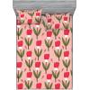 Ambesonne Floral Fitted Sheet & Pillow Sham Set, Romantic Concept Art Featuring Rose Flowers Hearts Leaves Valentine, Decorative Printed 3 Piece Bedding Decor Set, Queen, Pastel Pink and Fern Green(Red Fern Green and Blush)