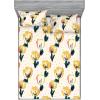 Ambesonne Floral Fitted Sheet & Pillow Sham Set, Romantic Concept Art Featuring Rose Flowers Hearts Leaves Valentine, Decorative Printed 3 Piece Bedding Decor Set, Queen, Pastel Pink and Fern Green(Dark Green Mustard Beige)