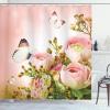 Ambesonne Butterfly Shower Curtain, Pastel Colored Blossoming Roses with Spring Season Insects Romantic Feminine, Cloth Fabric Bathroom Decor Set with Hooks, 69″ W x 84″ L, Rose Fern Green