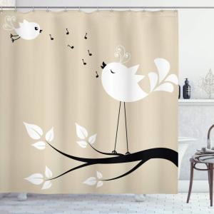 Ambesonne Birds Shower Curtain, 2 Flying Animal on a Branch Singing Love Songs for a Friend Valentine Couple with Hope of Living Art, Fabric Bathroom Decor Set with Hooks, 69″ W x 75″ L, Beige Black