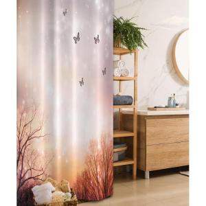 Ambesonne Butterfly Stall Shower Curtain, Dreamy Butterflies Over Trees Romantic Fantasy Blurry Sky Design, Fabric Bathroom Decor Set with Hooks, 36″ W x 72″ L, Pale Pink Orange