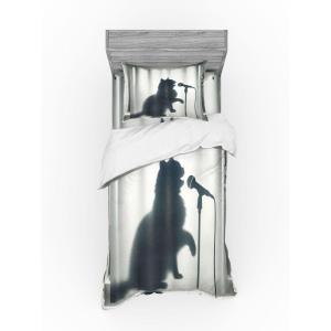Ambesonne Cat Bedding Set, Romantic Date Night of Kitties Drinking Milkshake Cozy Night Scene Valentines, 4 Piece Duvet Cover Set with Shams and Fitted Sheet, Queen Size, Dark Blue Apricot(Dark Blue Grey Off White)