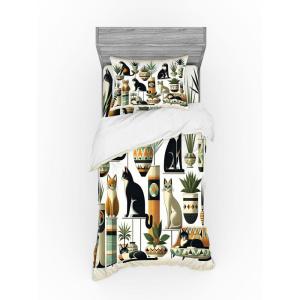Ambesonne Cat Bedding Set, Romantic Date Night of Kitties Drinking Milkshake Cozy Night Scene Valentines, 4 Piece Duvet Cover Set with Shams and Fitted Sheet, Queen Size, Dark Blue Apricot(Black Ginger Mint Green)