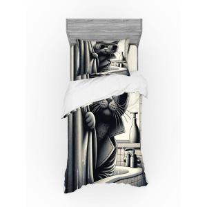 Ambesonne Cat Bedding Set, Romantic Date Night of Kitties Drinking Milkshake Cozy Night Scene Valentines, 4 Piece Duvet Cover Set with Shams and Fitted Sheet, Queen Size, Dark Blue Apricot(Dark Grey Pale Sepia)