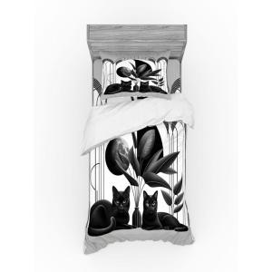 Ambesonne Cat Bedding Set, Romantic Date Night of Kitties Drinking Milkshake Cozy Night Scene Valentines, 4 Piece Duvet Cover Set with Shams and Fitted Sheet, Queen Size, Dark Blue Apricot(Pale Grey Charcoal Grey)