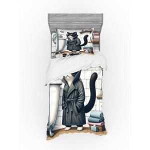 Ambesonne Cat Bedding Set, Romantic Date Night of Kitties Drinking Milkshake Cozy Night Scene Valentines, 4 Piece Duvet Cover Set with Shams and Fitted Sheet, Queen Size, Dark Blue Apricot(Charcoal Grey White)