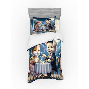 Ambesonne Cat Bedding Set, Romantic Date Night of Kitties Drinking Milkshake Cozy Night Scene Valentines, 4 Piece Duvet Cover Set with Shams and Fitted Sheet, Queen Size, Dark Blue Apricot(Night Blue Rose Apricot)