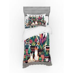 Ambesonne Cat Bedding Set, Romantic Date Night of Kitties Drinking Milkshake Cozy Night Scene Valentines, 4 Piece Duvet Cover Set with Shams and Fitted Sheet, Queen Size, Dark Blue Apricot(Teal Pink and Purple)