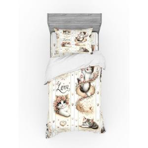 Ambesonne Cat Bedding Set, Romantic Date Night of Kitties Drinking Milkshake Cozy Night Scene Valentines, 4 Piece Duvet Cover Set with Shams and Fitted Sheet, Queen Size, Dark Blue Apricot(Ivory Pale Brown Grey)